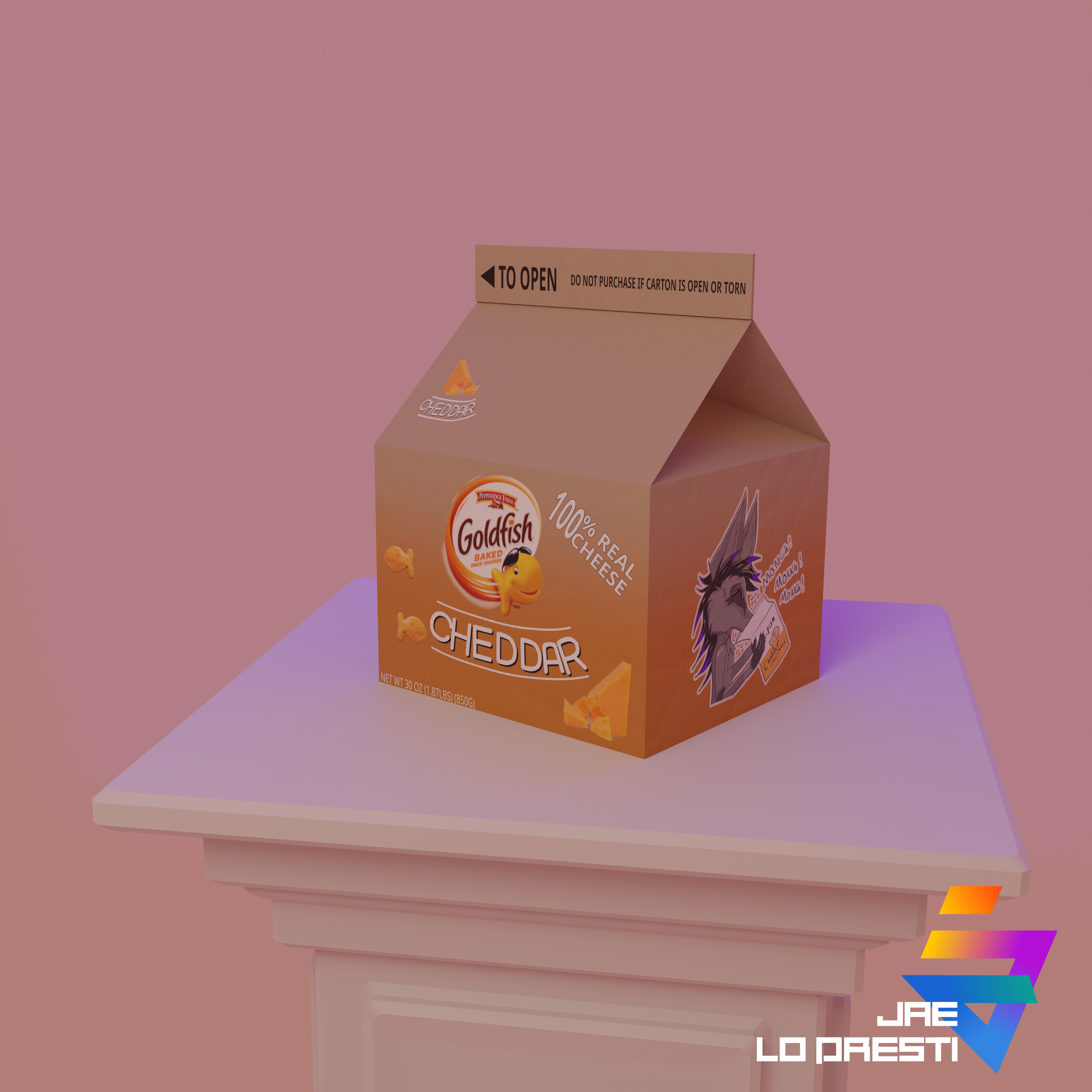 Carton of Goldfish cheddar snacks, dimly lit on a pedestal.