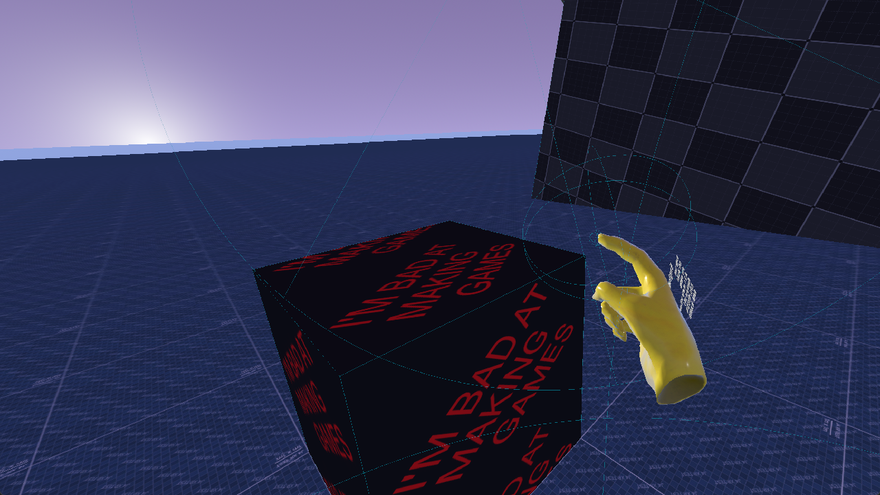 Cube with written on it "I'm bad at making game" with a yellow hand with a blue lines everywhere showing colliders.