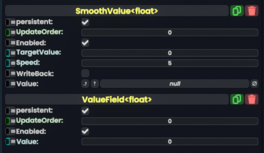 Demonstration of the SmoothValue component by setting some values and resetting them.
