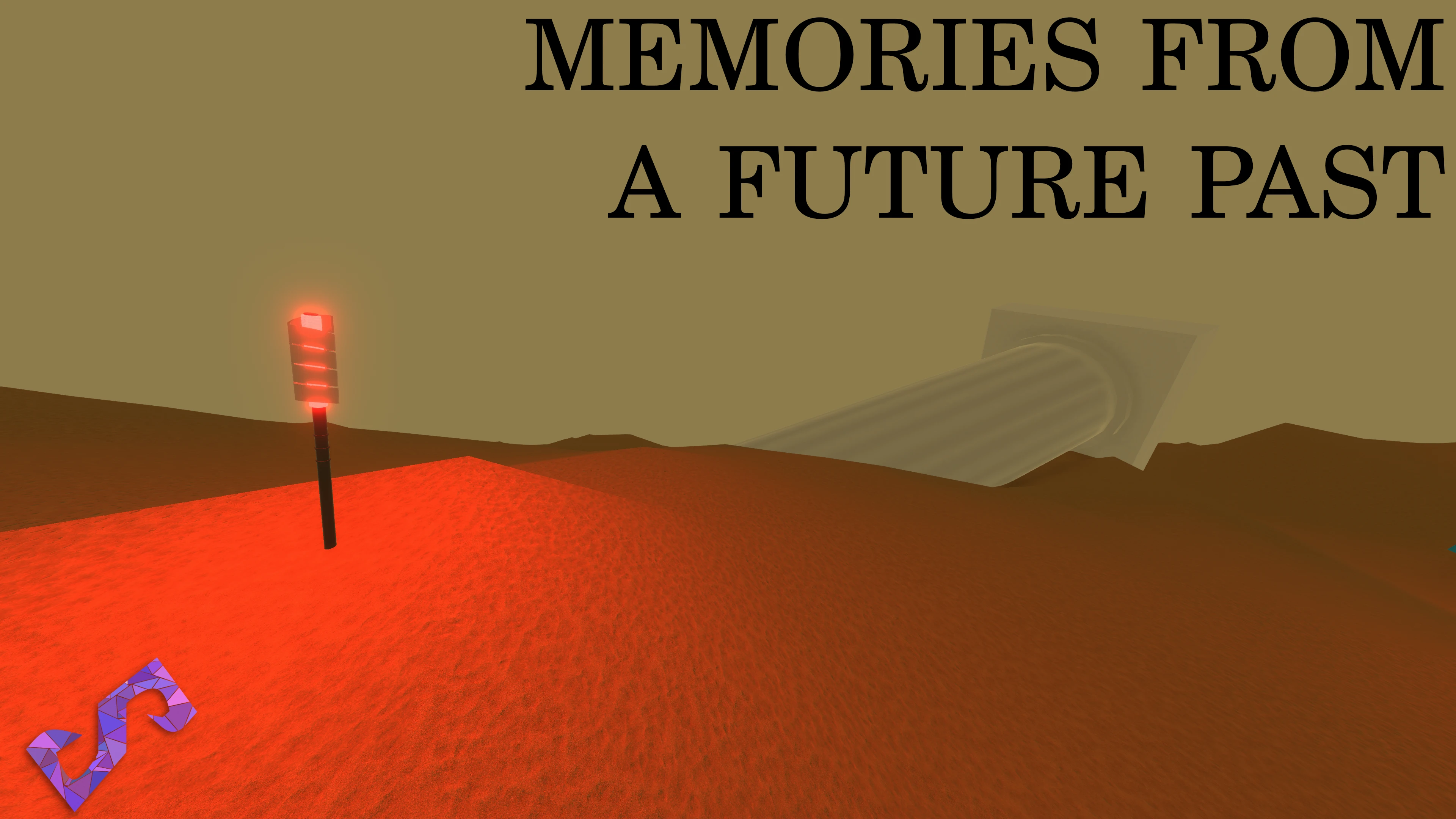Desert with a lamp and antic column fallen with the text Memories From a Future Past.