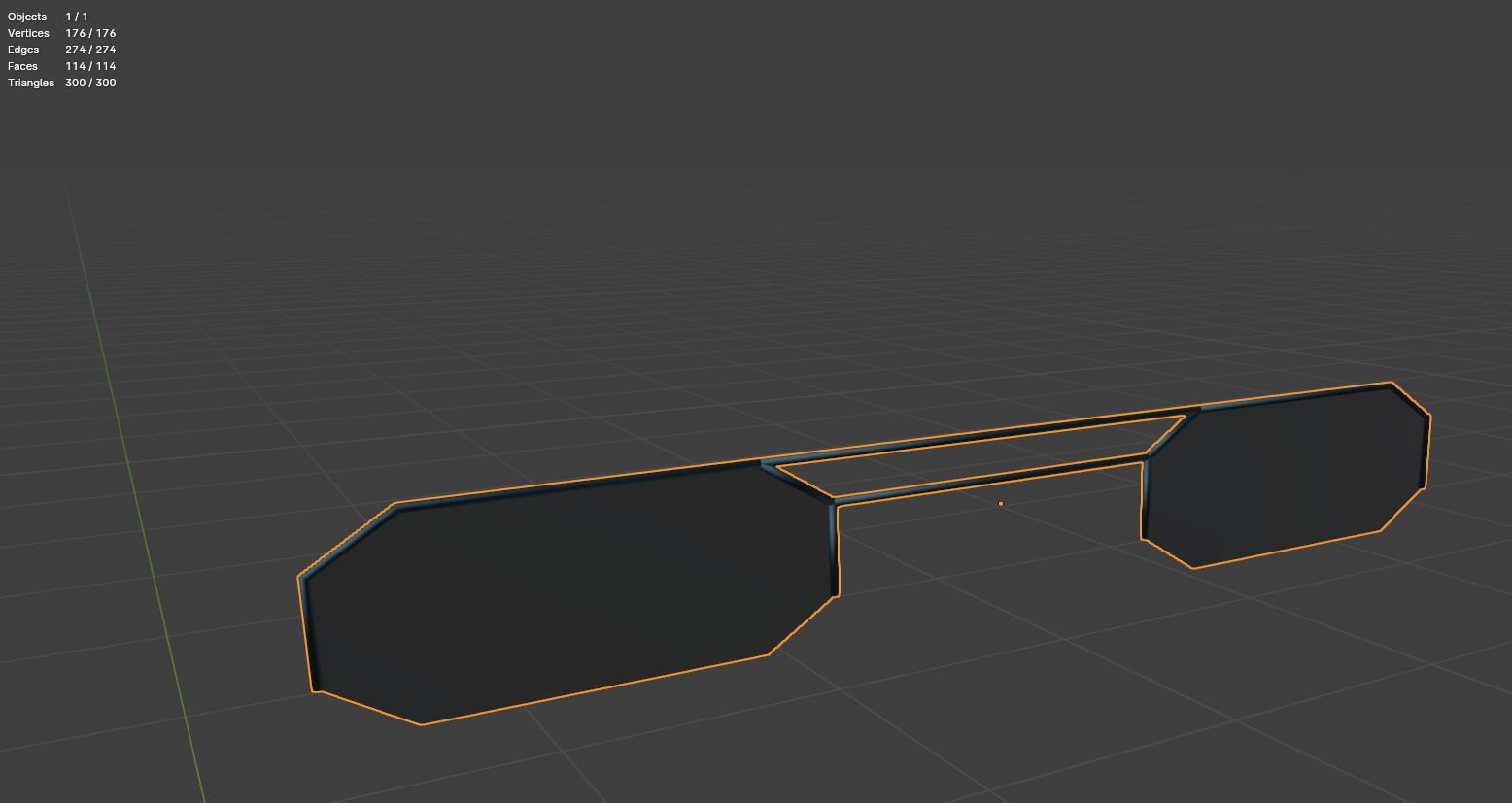 Blender viewport showing a pair of hexagonal glasses with an indication saying around 300 triangles.